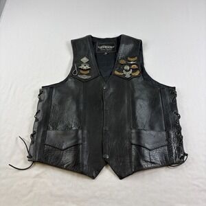 Unik Leather Vest Mens Size 40 Black Motorcyle Jacket Riding Patch Sleeveless
